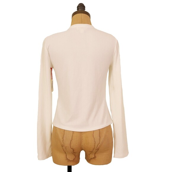 Open Edit Cutout Detail Mock Neck Top Size S Long Sleeve Ribbed Ivory NWT B57 - Picture 4 of 5